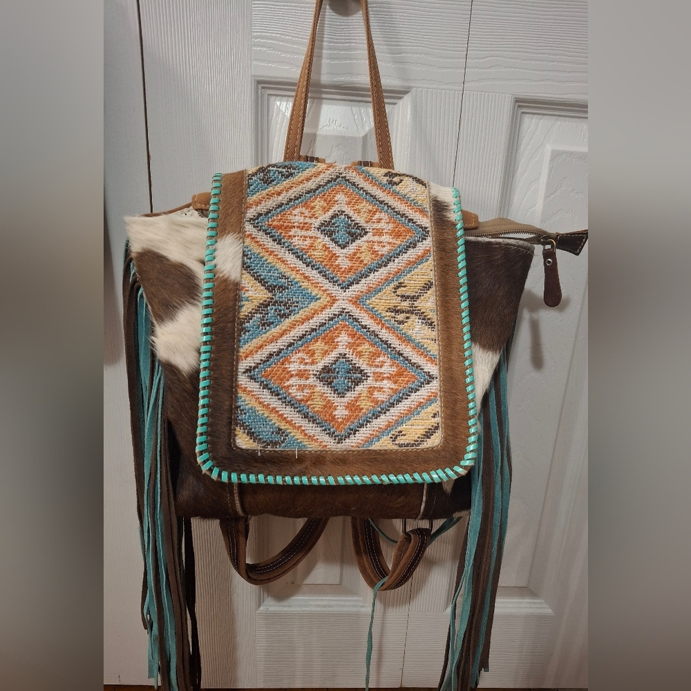 Myra Bag Southwest Embroidered Fringe Backpack in Turquoise, Brown, Cream